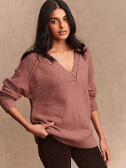 Blush Pink Nappy Cotton And Wool Blend Longline V-Neck Jumper - Image 1 of 8
