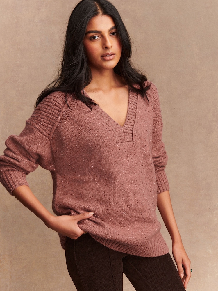 Blush Pink Nappy Cotton And Wool Blend Longline V-Neck Jumper - Image 1 of 8