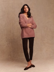 Blush Pink Nappy Cotton And Wool Blend Longline V-Neck Jumper - Image 2 of 8