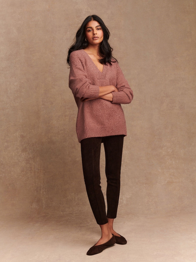 Blush Pink Nappy Cotton And Wool Blend Longline V-Neck Jumper - Image 2 of 8
