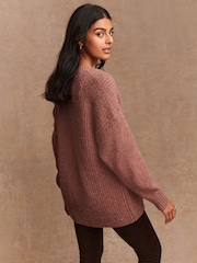 Blush Pink Nappy Cotton And Wool Blend Longline V-Neck Jumper - Image 4 of 8
