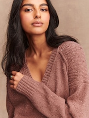 Blush Pink Nappy Cotton And Wool Blend Longline V-Neck Jumper - Image 5 of 8