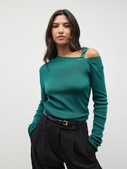 Teal Blue Soft Touch Cotton Rich Twist Shoulder Long Sleeve Jumper - Image 1 of 10