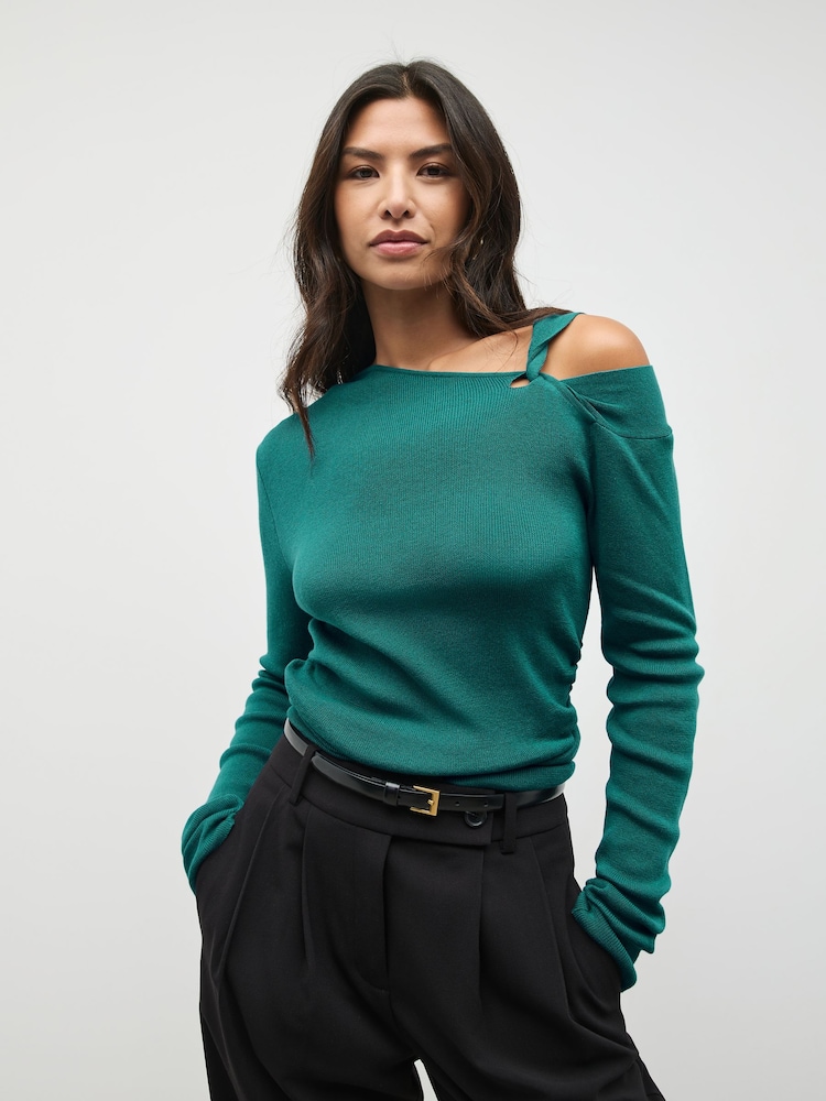 Teal Blue Soft Touch Cotton Rich Twist Shoulder Long Sleeve Jumper - Image 1 of 10