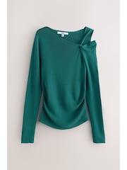 Teal Blue Soft Touch Cotton Rich Twist Shoulder Long Sleeve Jumper - Image 3 of 6