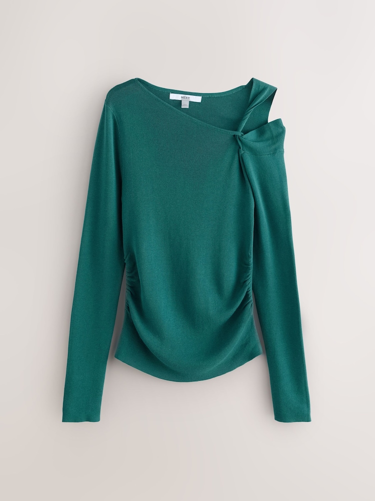 Teal Blue Soft Touch Cotton Rich Twist Shoulder Long Sleeve Jumper - Image 6 of 6
