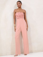 Lipsy Pink 3D Floral Bandeau Wide Leg Jumpsuit - Image 1 of 4