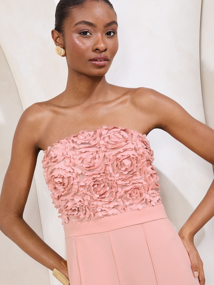 Lipsy Pink 3D Floral Bandeau Wide Leg Jumpsuit - Image 2 of 4
