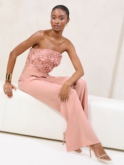 Lipsy Pink 3D Floral Bandeau Wide Leg Jumpsuit - Image 3 of 4