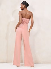 Lipsy Pink 3D Floral Bandeau Wide Leg Jumpsuit - Image 4 of 4