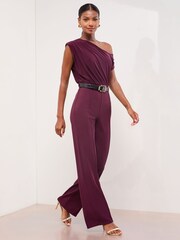 Lipsy Burgundy Red Slash Neck Belted Jumpsuit - Image 3 of 4