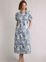 Weird Fish Blue Delanie Printed Linen Rich Tea Dress - Image 1 of 8