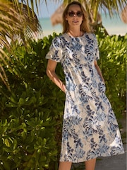 Weird Fish Blue Delanie Printed Linen Rich Tea Dress - Image 6 of 8