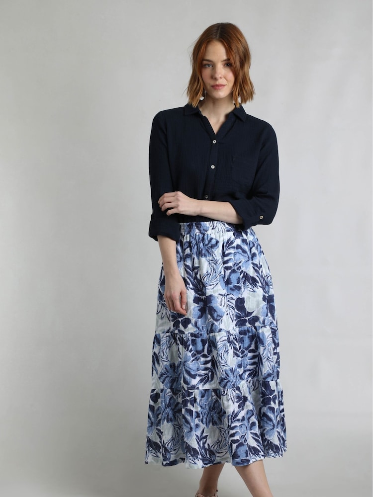 Weird Fish Blue Harini 100% Cotton Doublecloth Midi Tiered Skirt - Image 1 of 6