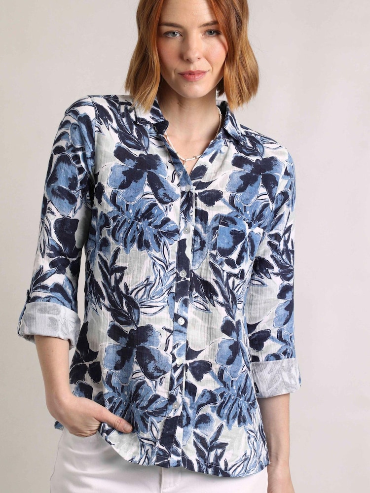 Weird Fish Blue Syona 100% Organic Cotton Doublecloth Printed Shirt - Image 1 of 10