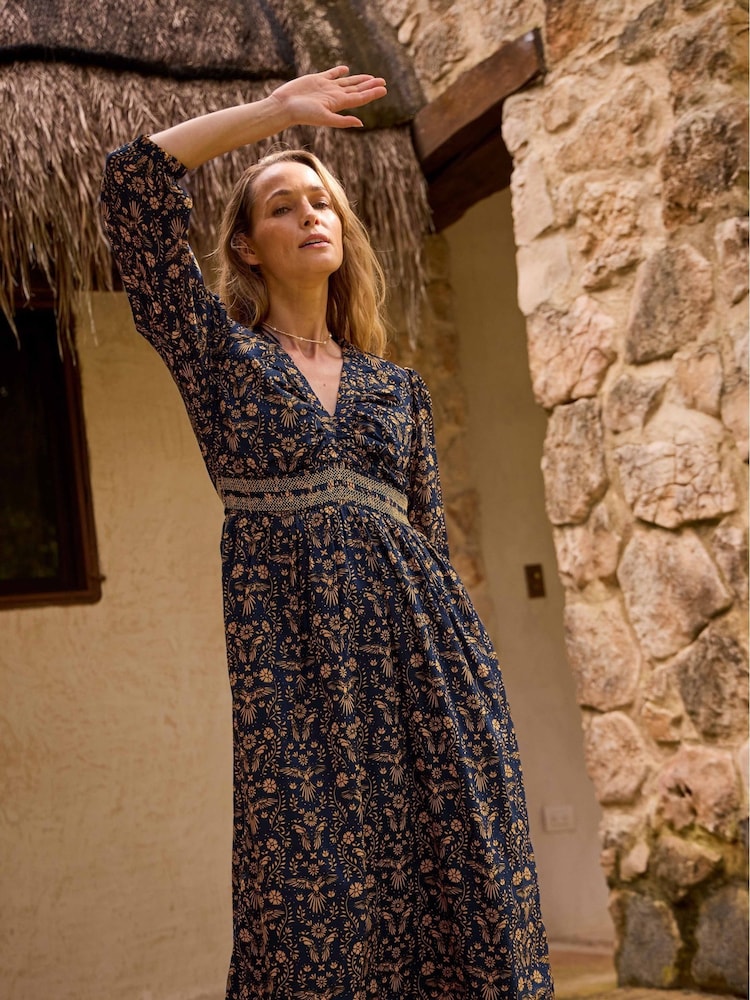 Weird Fish Blue Kerina Printed 100% Cotton Midi Dress - Image 1 of 8