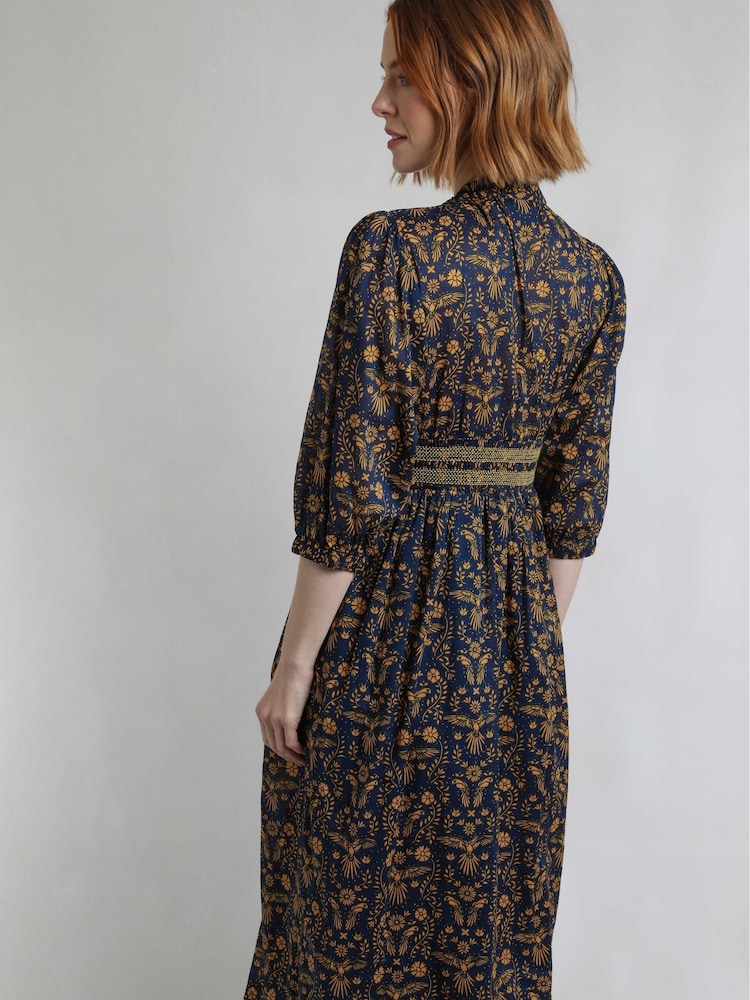 Weird Fish Blue Kerina Printed 100% Cotton Midi Dress - Image 2 of 8