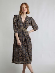 Weird Fish Blue Kerina Printed 100% Cotton Midi Dress - Image 3 of 8