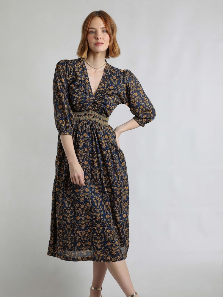 Weird Fish Blue Kerina Printed 100% Cotton Midi Dress - Image 3 of 8