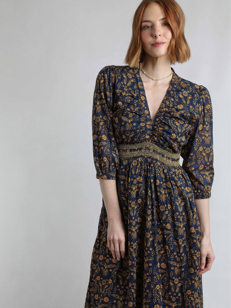 Weird Fish Blue Kerina Printed 100% Cotton Midi Dress - Image 4 of 8