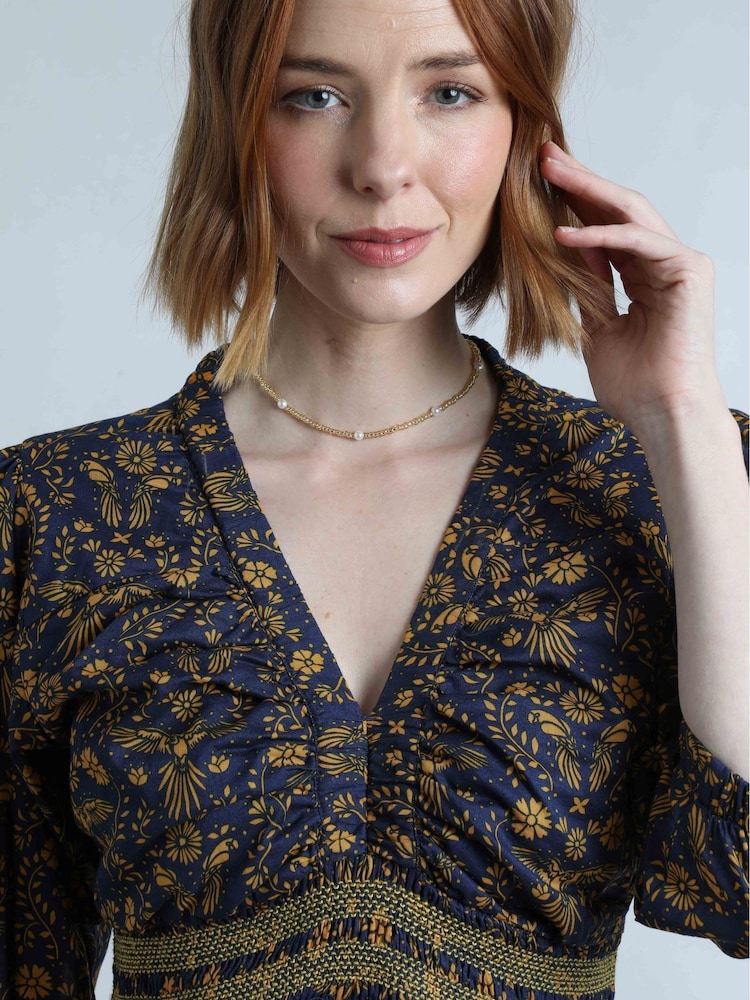 Weird Fish Blue Kerina Printed 100% Cotton Midi Dress - Image 5 of 8