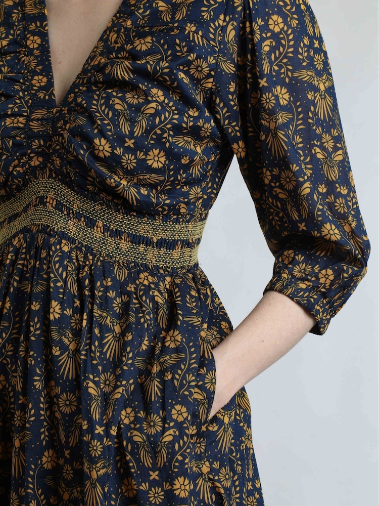 Weird Fish Blue Kerina Printed 100% Cotton Midi Dress - Image 6 of 8