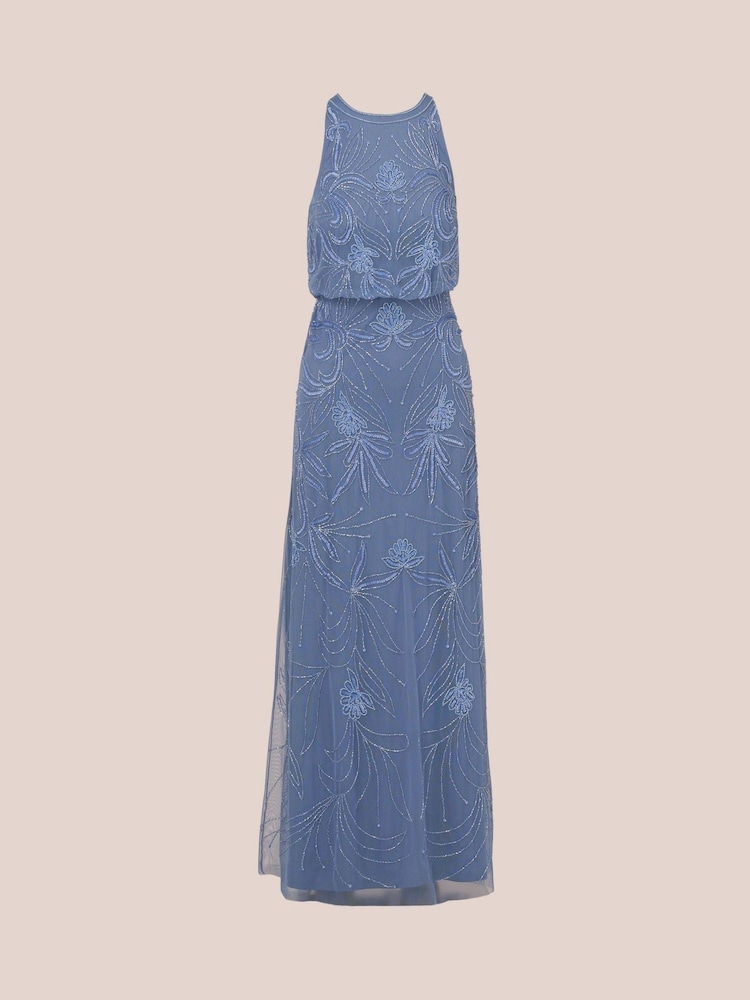 Adrianna Papell Blue Bead Blouson Long Dress - Image 6 of 7