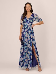 Adrianna Papell Blue Crinkle Chiffon Floral Print Gown - Image 1 of 7