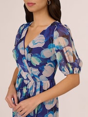 Adrianna Papell Blue Crinkle Chiffon Floral Print Gown - Image 2 of 7