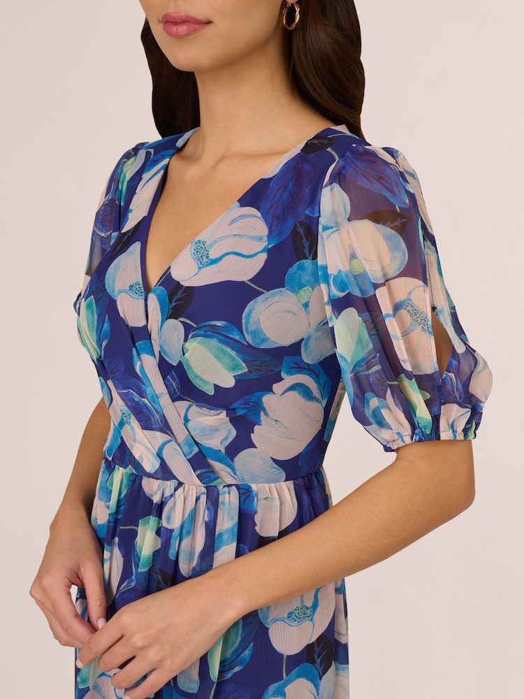 Adrianna Papell Blue Crinkle Chiffon Floral Print Gown - Image 2 of 7