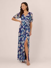 Adrianna Papell Blue Crinkle Chiffon Floral Print Gown - Image 3 of 7