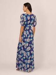 Adrianna Papell Blue Crinkle Chiffon Floral Print Gown - Image 4 of 7