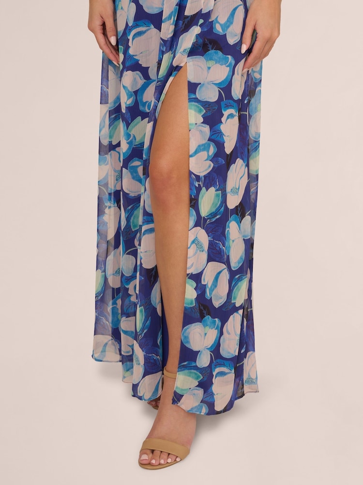 Adrianna Papell Blue Crinkle Chiffon Floral Print Gown - Image 5 of 7