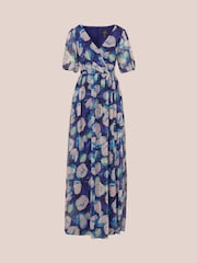 Adrianna Papell Blue Crinkle Chiffon Floral Print Gown - Image 6 of 7