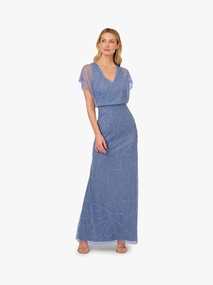 Adrianna Papell Blue Beaded Blouson Long Dress - Image 1 of 6 Adrianna Papell Blue Beaded Blouson Long Dress - Image 1 of 6