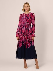 Adrianna Papell Blue Floral Print Twist Ankle Dress - Image 1 of 7
