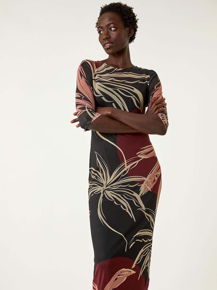 Roman Black Palm Print Mesh Maxi Stretch Dress - Image 1 of 5