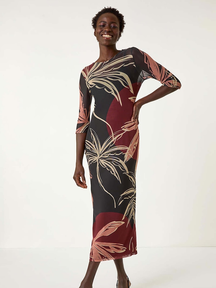Roman Black Palm Print Mesh Maxi Stretch Dress - Image 2 of 5