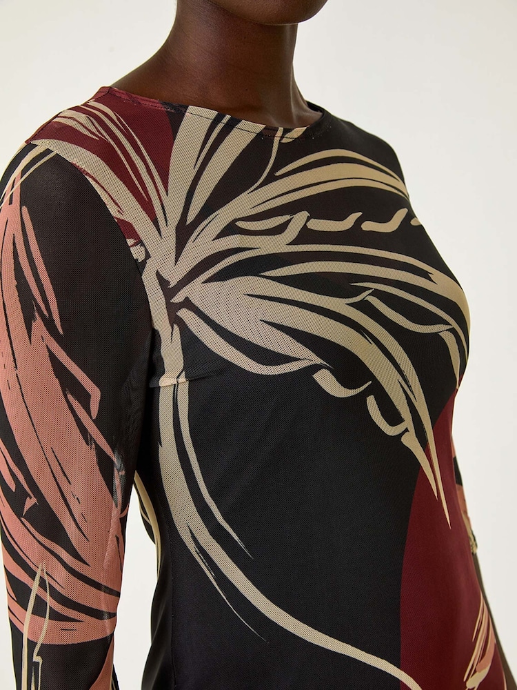 Roman Black Palm Print Mesh Maxi Stretch Dress - Image 5 of 5
