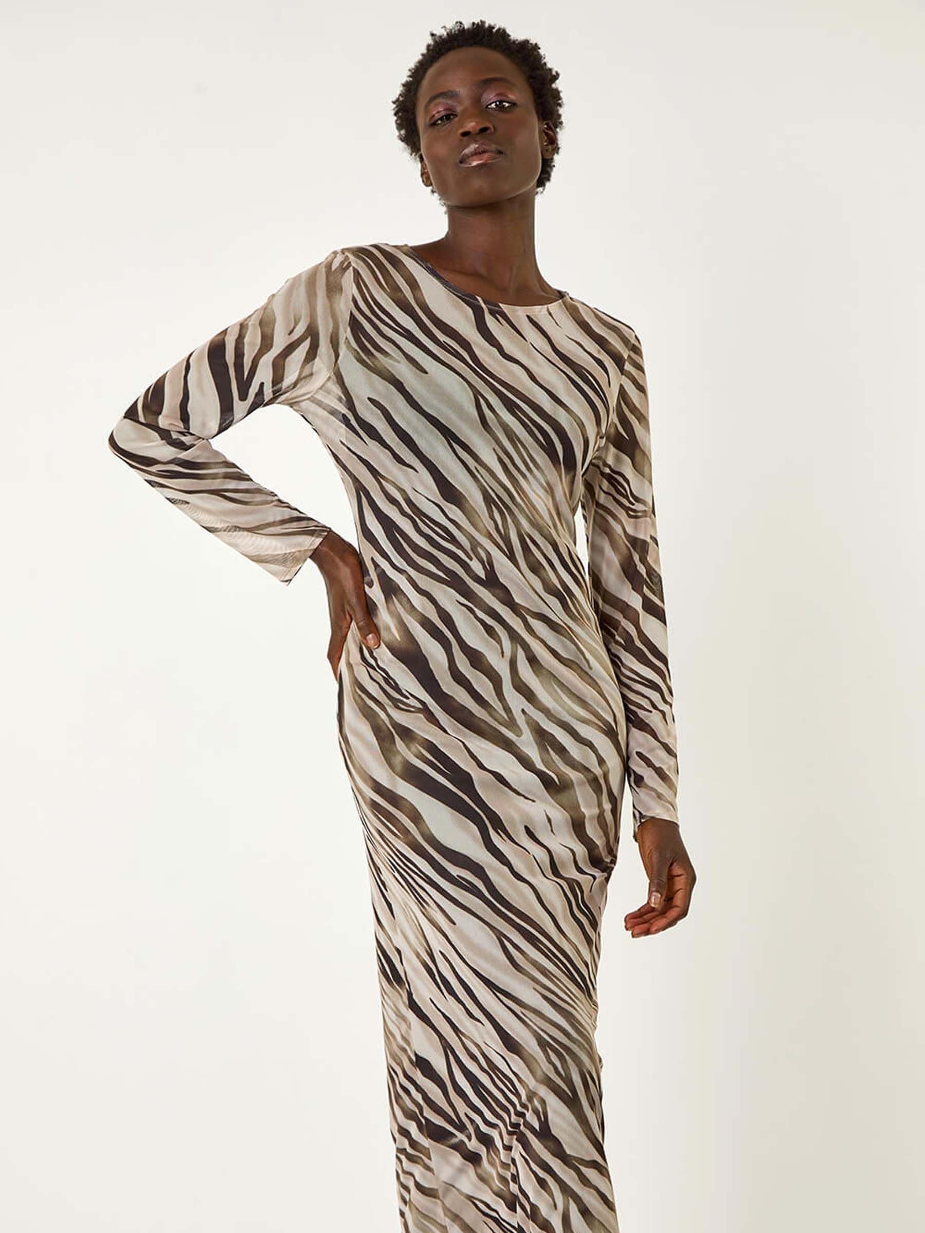 Buy Roman Natural Zebra Print Mesh Maxi Stretch Dress from Next USA