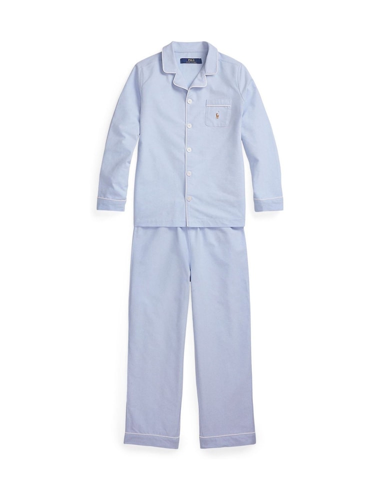 Polo Ralph Lauren Blue 100% Cotton Long Sleeve Pyjamas Top and Bottoms Set - Image 1 of 3 Polo Ralph Lauren Blue 100% Cotton Long Sleeve Pyjamas Top and Bottoms Set - Image 1 of 3
