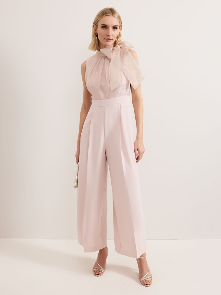 Phase Eight Pink Stephy Shimmer Tie Neck Jumpsuit - Image 1 of 7