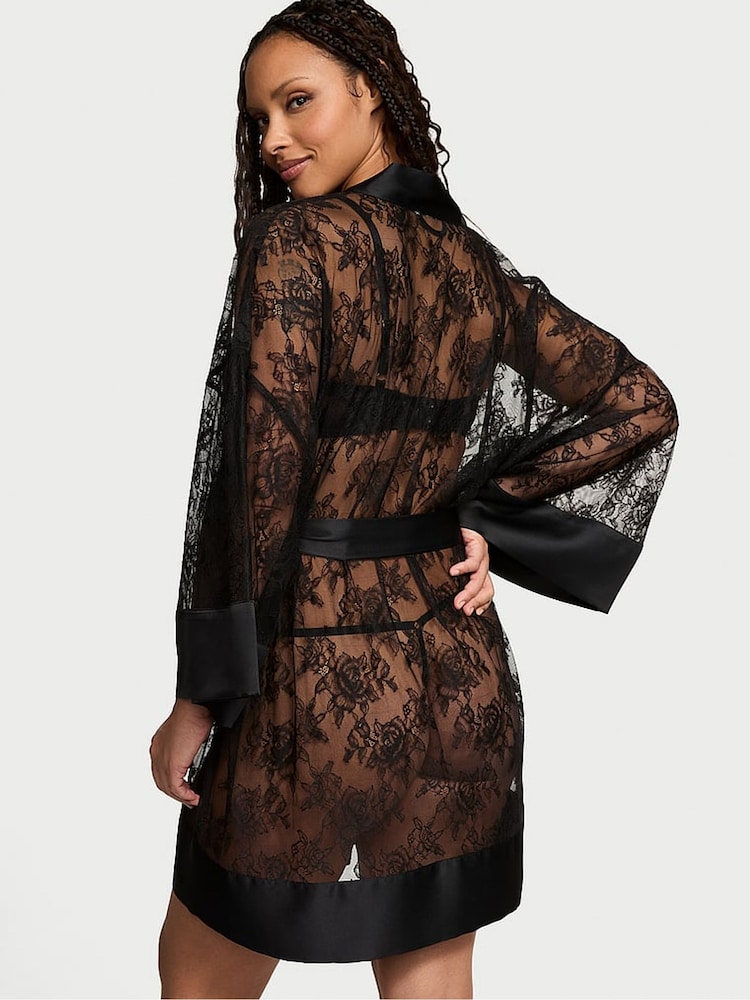 Victoria's Secret Black Rose Lace Satin Trim Robe - Image 2 of 4