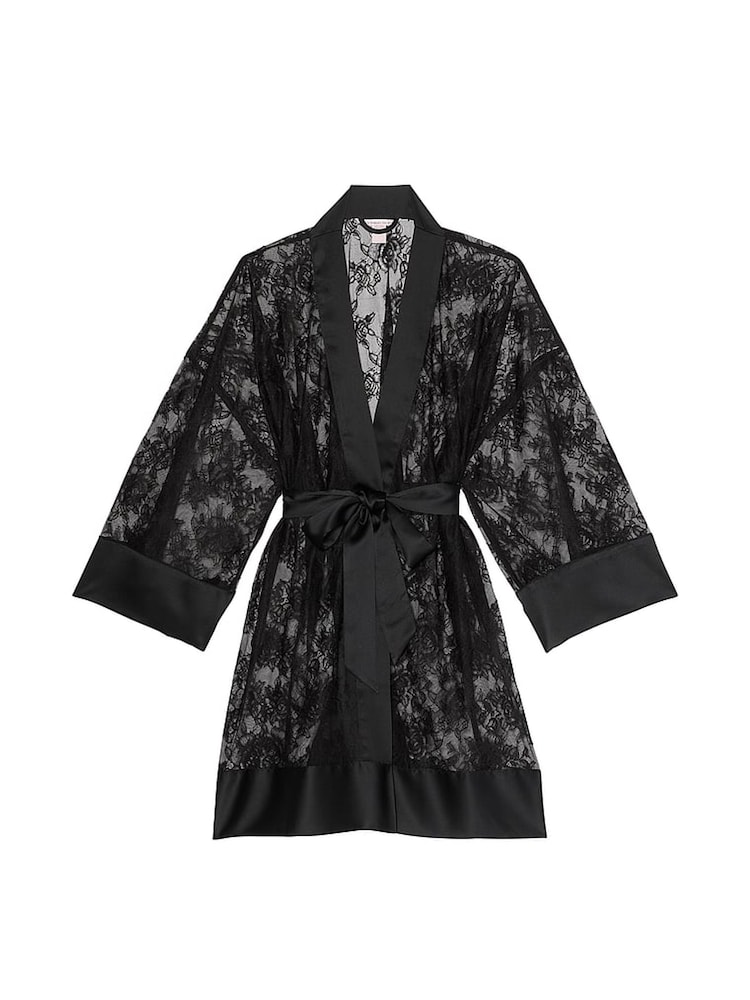 Victoria's Secret Black Rose Lace Satin Trim Robe - Image 4 of 4