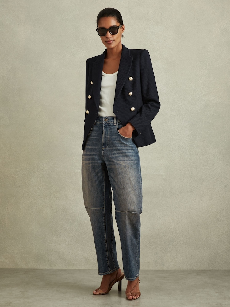 Reiss Mid Blue Mahni Petite Barrel-Leg Dart Jeans - Image 1 of 8