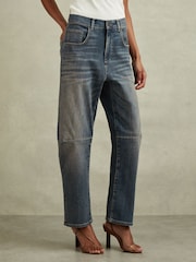 Reiss Mid Blue Mahni Petite Barrel-Leg Dart Jeans - Image 3 of 8