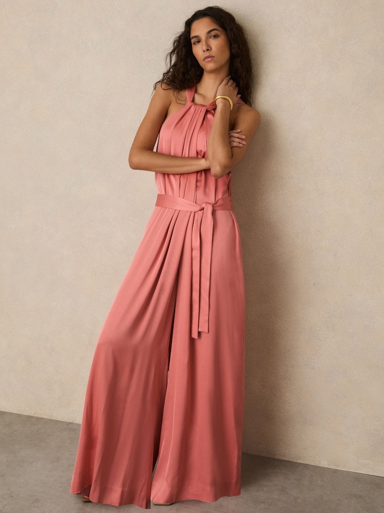Reiss Pink Rosin Satin Wide-Leg Draped Jumpsuit - Image 1 of 6
