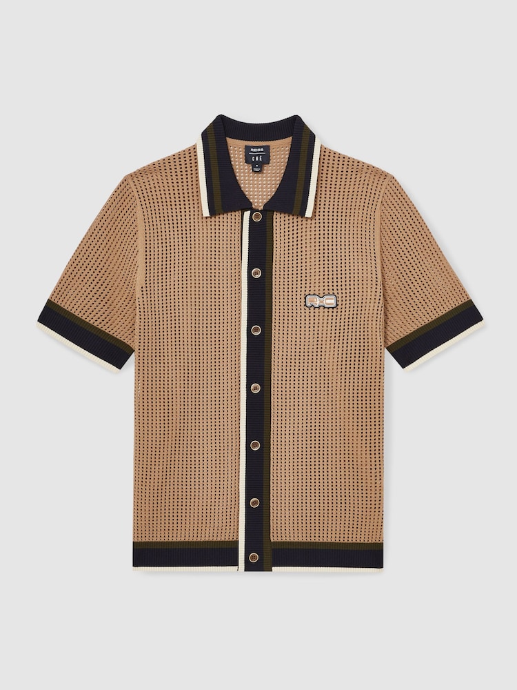 Reiss Camel Crusoe Reiss | Ché Crochet Tipped Shirt - Image 2 of 11