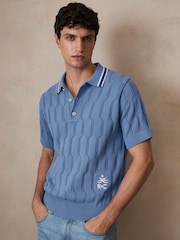Reiss Blue Oasis Reiss | Ché Cotton Pointelle Polo Shirt - Image 1 of 7