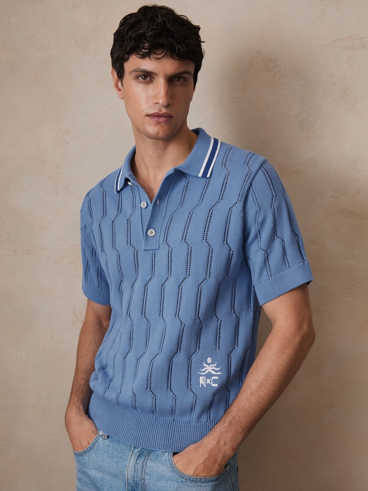 Reiss Blue Oasis Reiss | Ché Cotton Pointelle Polo Shirt - Image 1 of 7